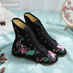 Veowalk Retro Women Embroidered Cotton Lace-up Short Flat