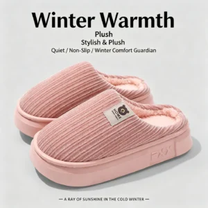 Winter Warm Plush Slippers Women Men Striped Corduroy