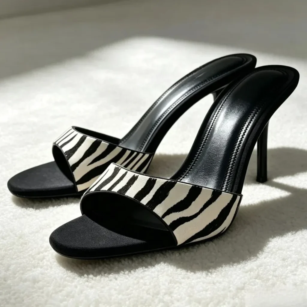 Women High Heel Slippers Unique Zebra-Print Design Mules