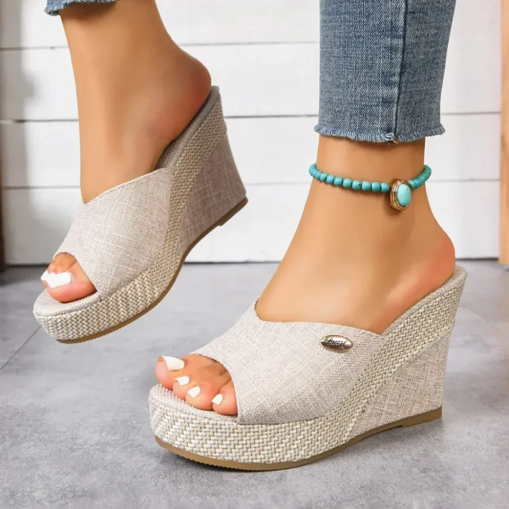 Women Linen Wedge Slide Sandals Open Toe Slip