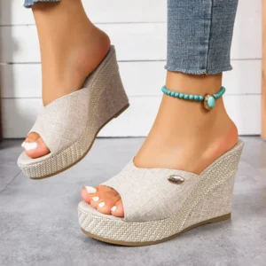 Women Linen Wedge Slide Sandals Open Toe Slip