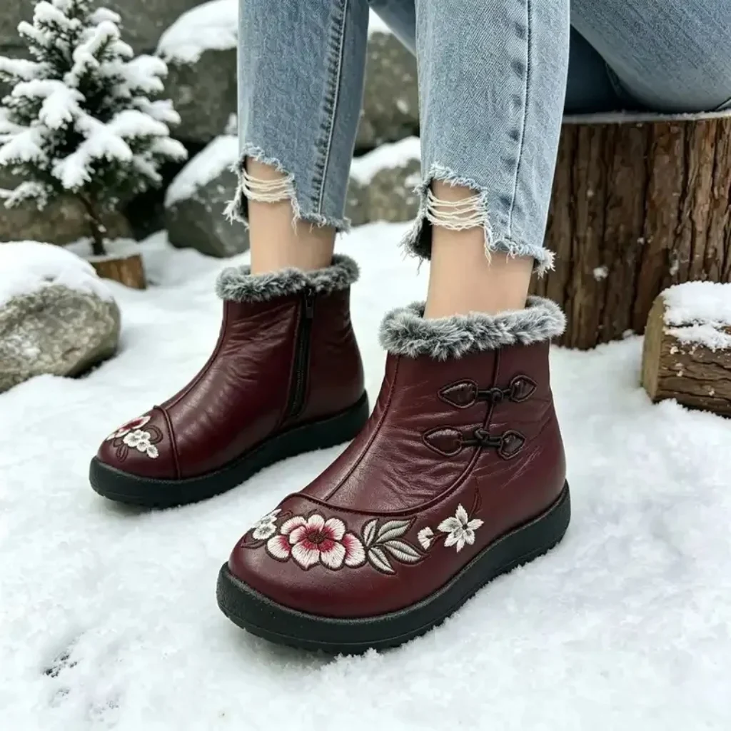 Women Mid-Calf Snow Boots Ethnic Floral Embroidery Faux