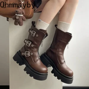 Women Platform Mid Calf Boots Metal Buckle Strap