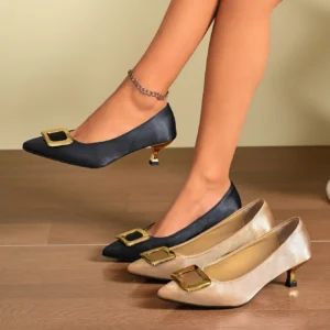 Women Pointed Toe Block Heel Pumps Metal Square
