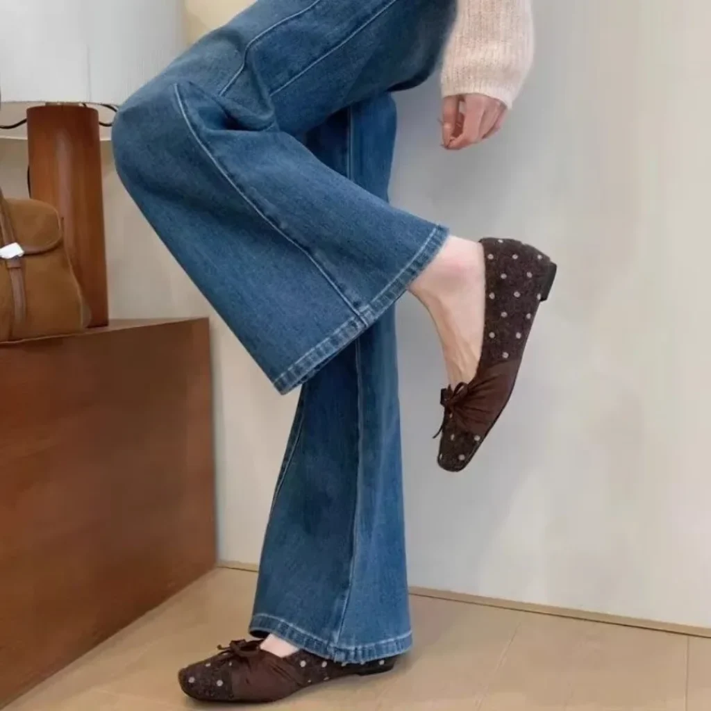 Women Polka Dot Woolen Ballet Flats Square Toe