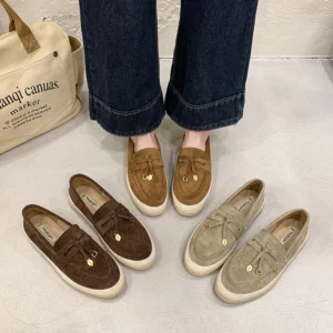 Women Slip Loafers Faux Suede Upper Woven Thick