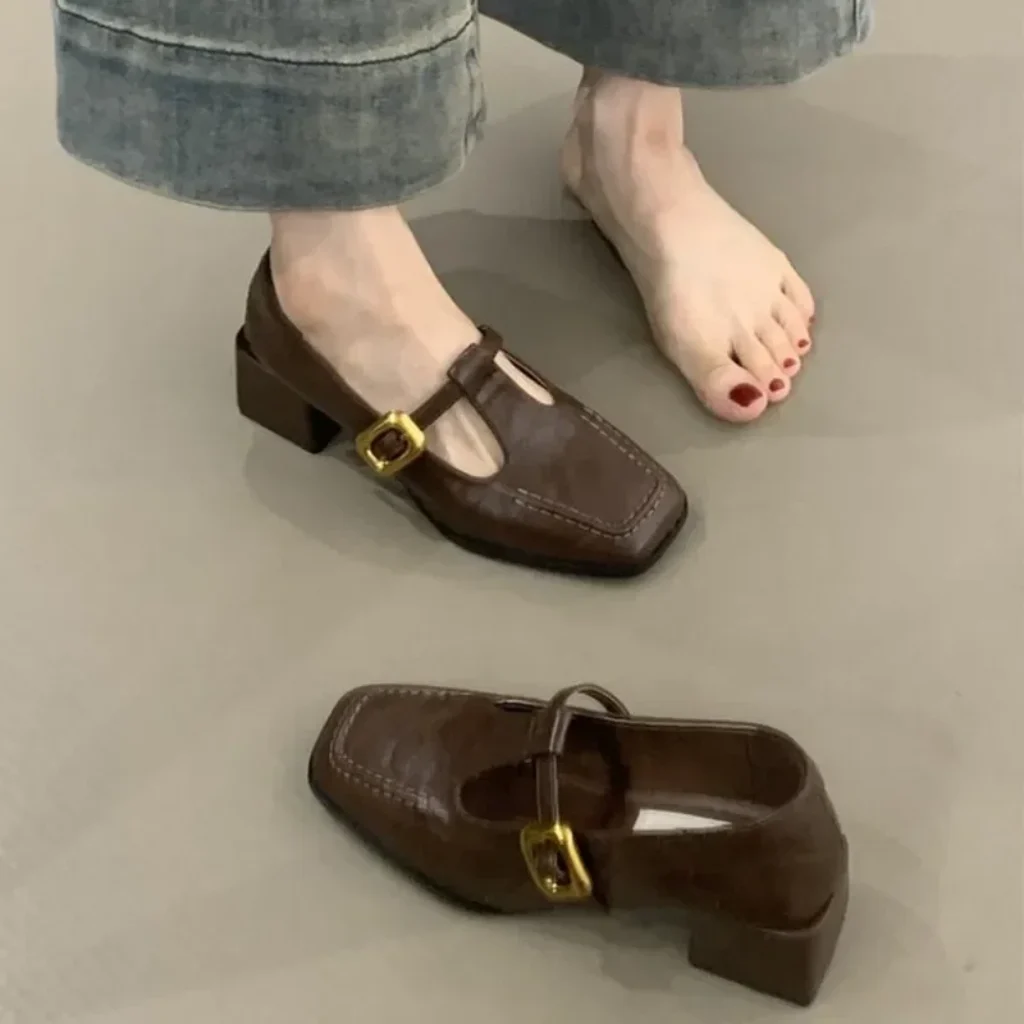 Women Square Toe T-Strap Mary Jane Shoes Gold