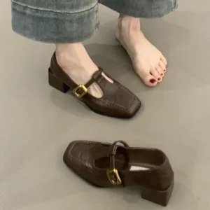 Women Square Toe T-Strap Mary Jane Shoes Gold