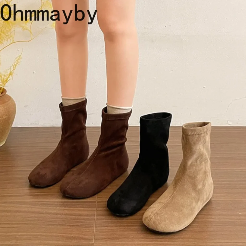 Women Suede Elastic Ankle Boots Round Toe Hidden