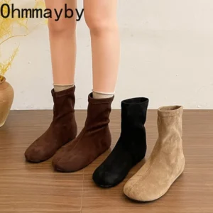 Women Suede Elastic Ankle Boots Round Toe Hidden