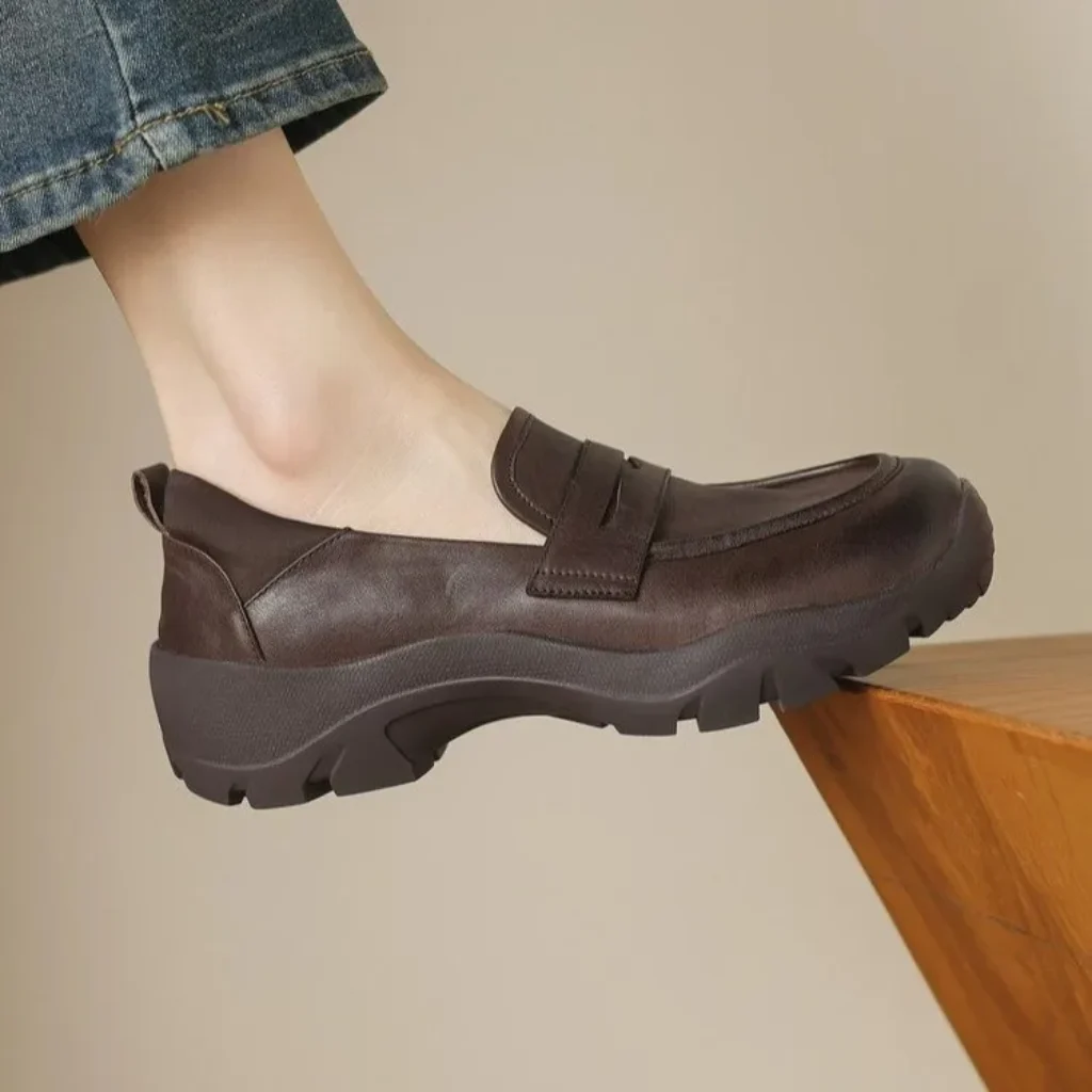 Women Vintage Faux Leather Penny Loafers Round Toe
