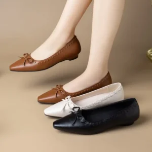 Women Vintage Slip Flat Pumps Pointed Toe Bow