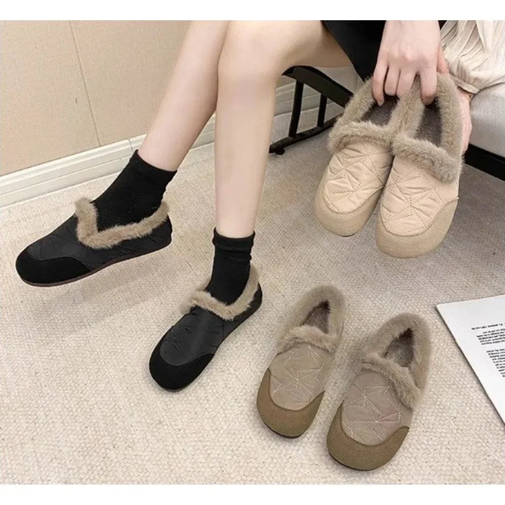 Women Winter Fleece Lined Slip Flat Shoes Quilted