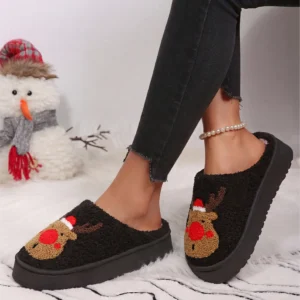 Womens Bedroom House Slippers Christmas Reindeer Embroidery Fluffy
