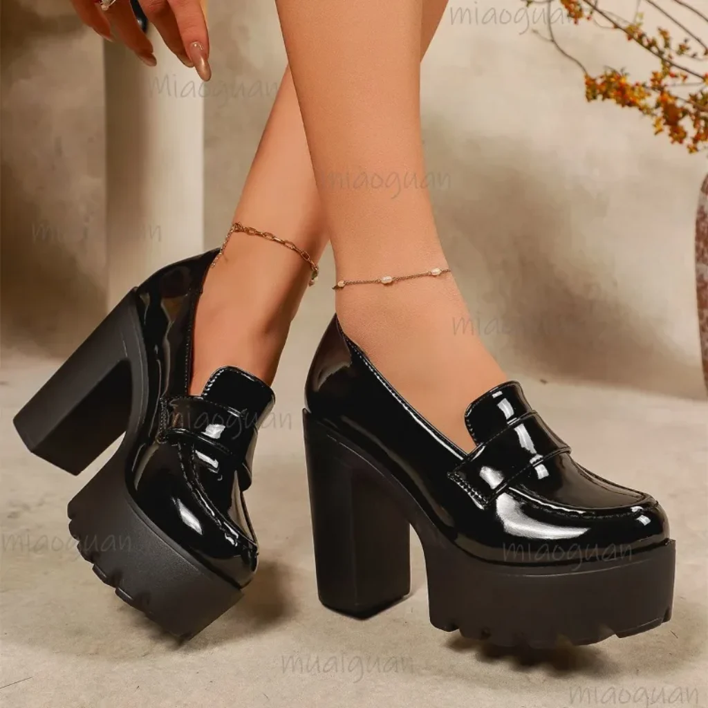 Women’s Black Patent Leather Platform Loafers Chunky Heel