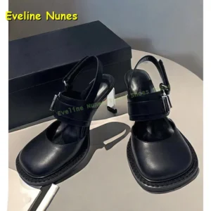 Women’s Black Square Toe Buckle Slingback Mule Heels