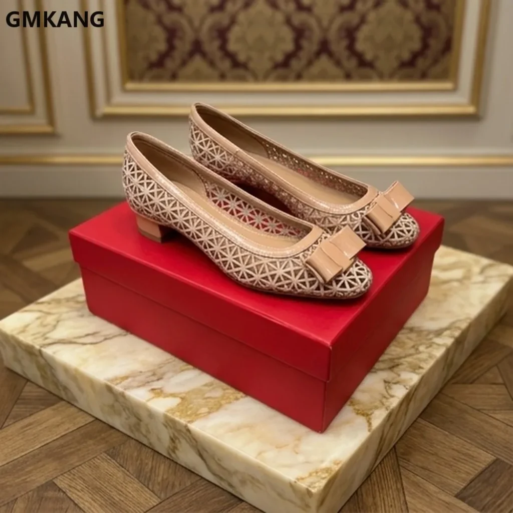 Women’s Bow Pumps Geometric Cut-out Heels Pointed Toe