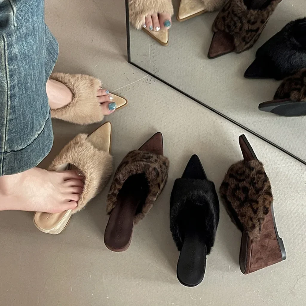 Women’s Fluffy Slippers French Style Temperament Pointed Slope