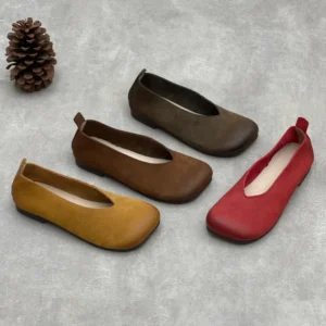 Women’s Genuine Leather Shallow Flat Shoes Square Toe
