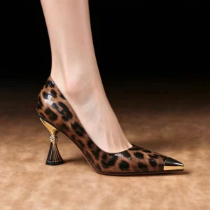 Women’s spring autumn genuine leather metal toe, leopard