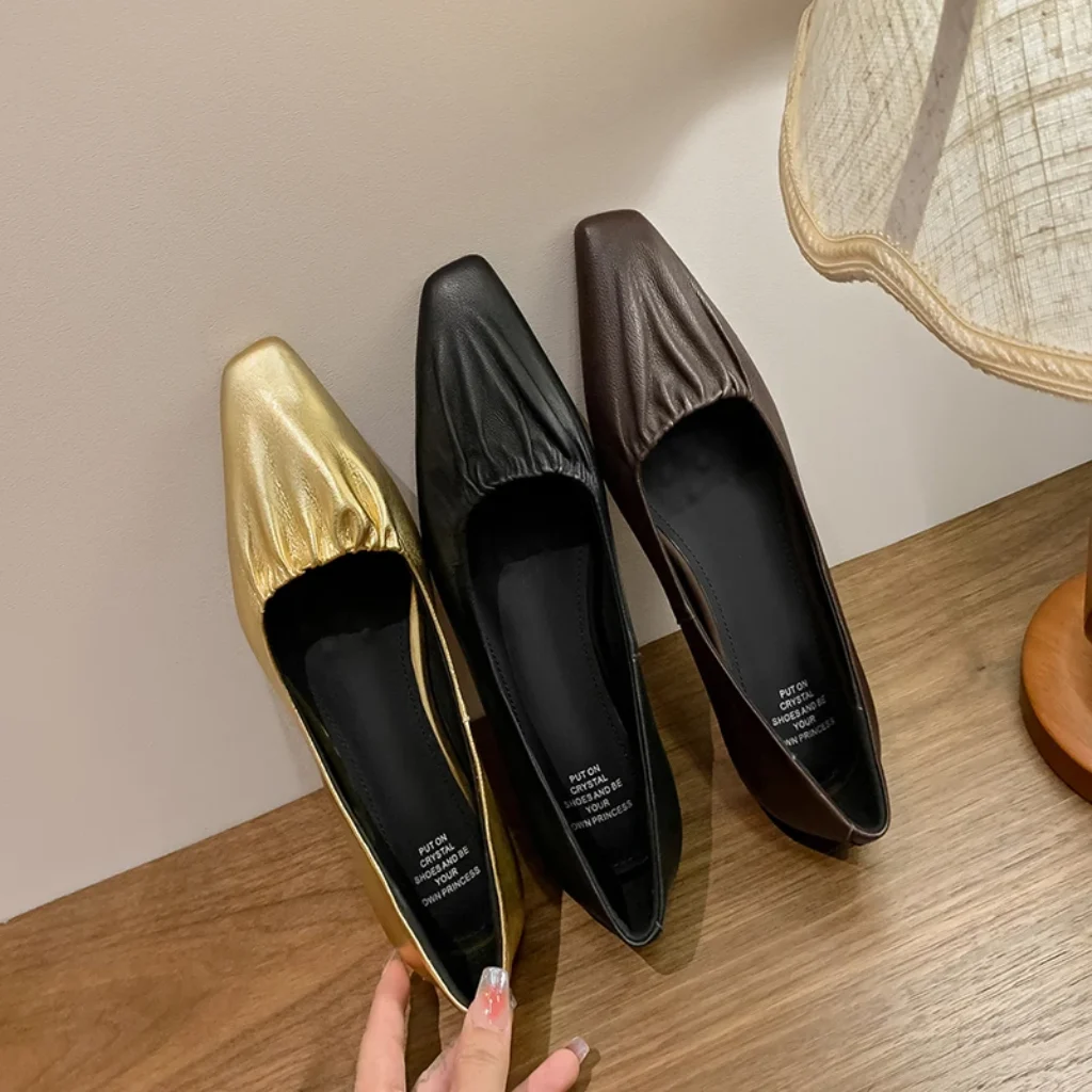 Women’s spring autumn leather pleated square toe low