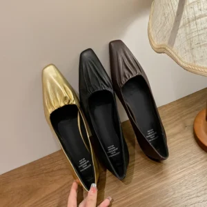 Women’s spring autumn leather pleated square toe low