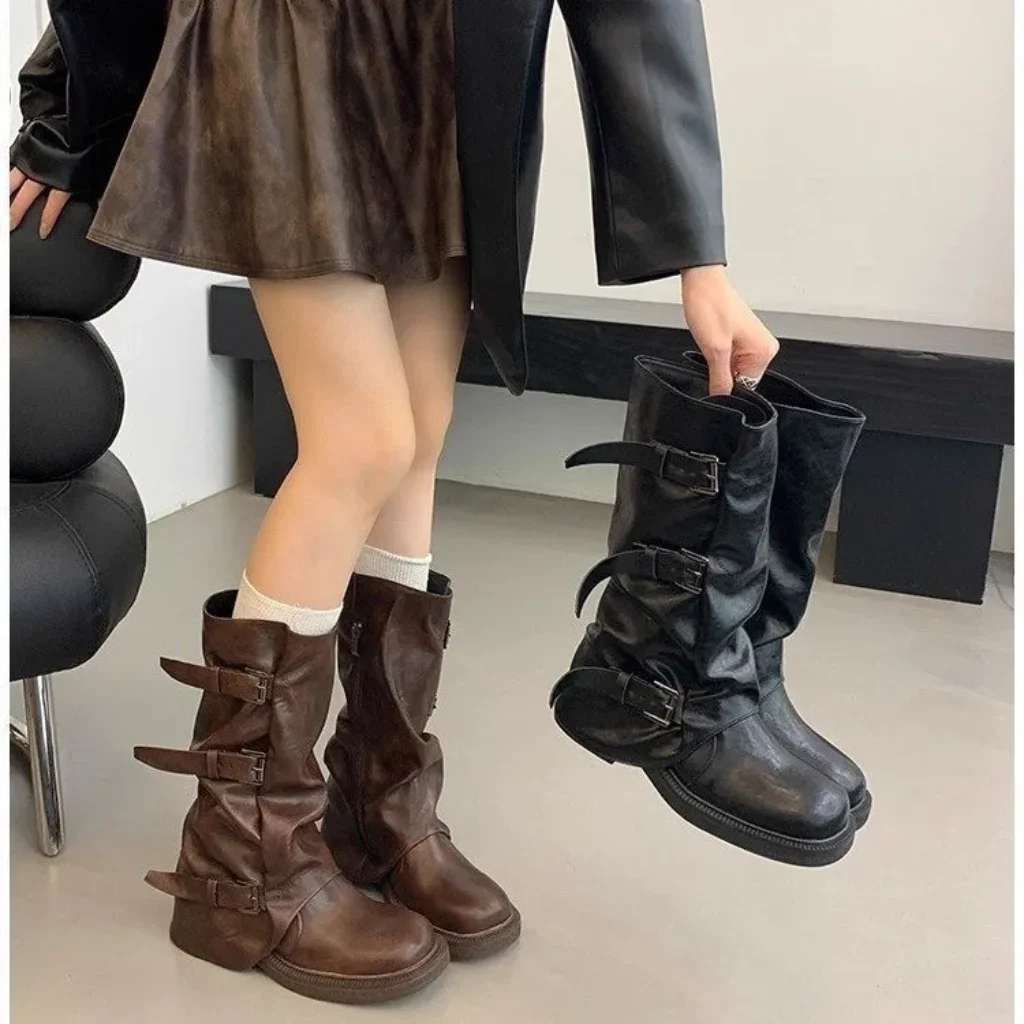 Women’s Western Style Thick Bottom Folded Mid-Calf Boots