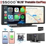 10.26″ 4K 64GB Dash Cam IPS Touch Screen Car Stereo Rearview Wireless Apple Carplay Android Auto Dual Len Recorder Dashboard BT