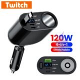 120W 4 in 1 USB Car Charger Fast Charging With Retractable Type C Cable Cigarette Lighter Charger For iPhone 15 Samsung Huawei