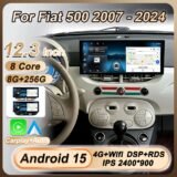 12.3 Inch Car Radio Multimedia For Fiat 500 2007 – 2024 Android 15 Carplay GPS Navigation Bluetooth 8 Core FM DSP Wifi No 2din