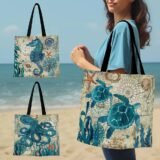 1 pc turtle octopus seahorse whale pattern map vintage, shoulder bag, lightweight full storage bag, multifunctional shopping