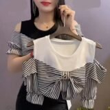 2024 Summer New Stripe Bow Unique T-shirt Women’s Off Shoulder Loose and Fashionable Design Small and Fake Two Off Shoulder Top