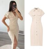 2025 Denim Long Dresses Women Bodycon Midi Dress Woman Summer Ruched Single Breasted Streetwear Casual Dresses Women