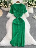 2025 New V-Ne ort Sve Knitted Dr Women’s Pearl Button Slimming Bodycon Long Skirt High Waist Commute Sle Summer D…
