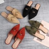 2025 Plus Size Tassel Mules Slides Woman Pointed Toe Flock Slippers Ladies Flats Sandals Slip On Pantuflas Shoes Femme Flipflops