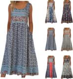 2025 summer new! Women’s sleeveless Bohemian floral casual beach MIDI sundress with pockets flowing and loose