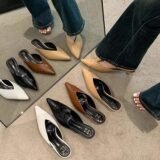 2025 Summer Women’s Mid-Heel Mules Fashion Pointed-Toe Slip-On Dress Slides Comfortable Slippers for Party and Casual Wear