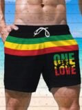 2026 new Men’S Rasta-Inspired Drawstring Swim Trunks “One Love” Graphic Casual Summer Beachwear for Hawaii Vacations Shorts ﻿