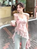 2026 Shirts for Women Irregular Ruffles Tshirt Y2k Aesthetic One Shoulder Print Tops Summer Harajuku 3D Flower Grunge T-shirts