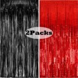2Packs 1x2m Red Black Foil Curtain Backdrop Black Red Tinsel Party Streamer Curtains Wedding Bridal Shower Birthday Decoration