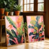 2pcs/set Boho Vibrant Pink Palm Fig Tree Tropical Abstract Canvas Print Poster Modern Botanical Leaf Art Print Home Decor Poster