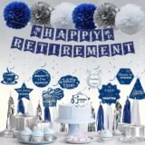 32pcs Blue silver Retirement Party Decorations Banner Foil streamer tissue paper pompomsSpiral for Men and Women – Retirement Pa