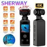 4K HD Pocket Action Camera 270° Rotatable Anti Shaking Wifi Sports Camera 30m Waterproof Small Video Camcorder for Photography