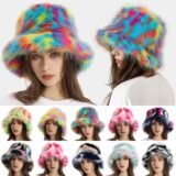 55-65cm Big Fluffy Faux Fur Bucket Hat For Women Men Winter Rainbow Color Warm Thick Plush Hat Luxury Party Panama Fisherman Cap