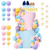 63Pcs Blue Dog Cake Toppers with Balls and Flowers for Birthday Decoration Groovy Pastel Cupcake Inserts Hippie Wedding Party