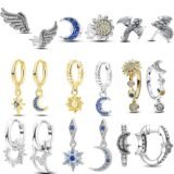 925 Sterling Silver Earring Set Sun Moon Star Wing Dragon Design Zircon Inlaid Hypoallergenic Hoop Stud Earrings for Women