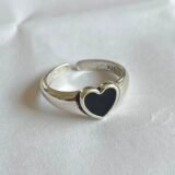 925 Sterling Silver Rings For Women Simple Vintage Handmade Adjustable Finger Black Heart Ring Fashion Band Female Bijoux Gift