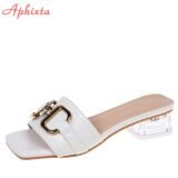 Aphixta 2025 Metal Buckle 3.5cm Transparent Square Heels Slides Women Peep Toe Mules Cool Summer Slippers Sandals Elegant Shoes