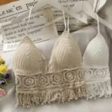 Boho Crochet Halter Top for Women Summer Beach Knit Crop Top with Tassels Backless Sleeveless Bralette