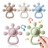 BPA Free Silicone Teether Food Grade Baby 0-12 Toys Teething Rattle Sensory Toys for Toddlers Silicone Hand Bell Soothing Toys
